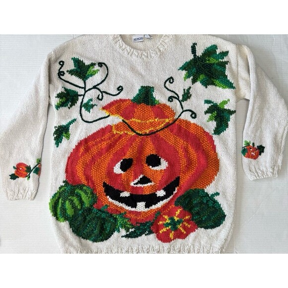 Vintage 1990s Honors Pumpkin Ugly Halloween Graphic Knit Crewneck Sweater Size L - Picture 1 of 7